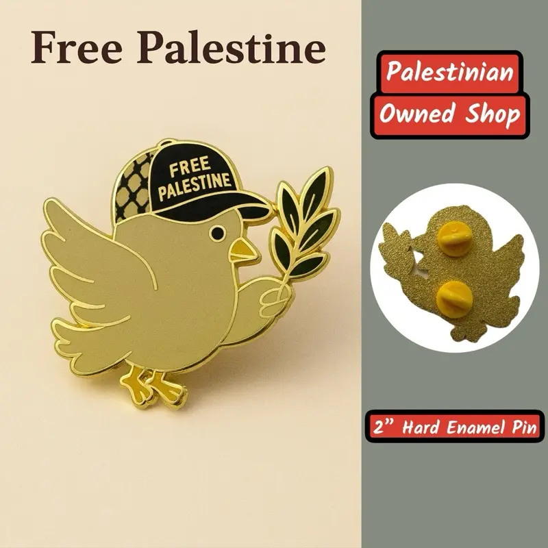 Free Palestine Dove Enamel Pin – Keffiyeh Cap & Olive Branch
