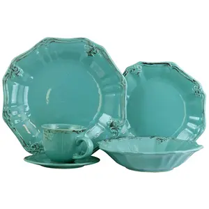 212 MAIN Fleur De Lys 20-Piece Unique Stoneware Dinnerware Set - Turquoise Distressed Look, Floral Border, Oven-Safe, Includes Plates & Cutlery (Replaces Elama ELM-FLEURDELYS-TURQUOISE Model)