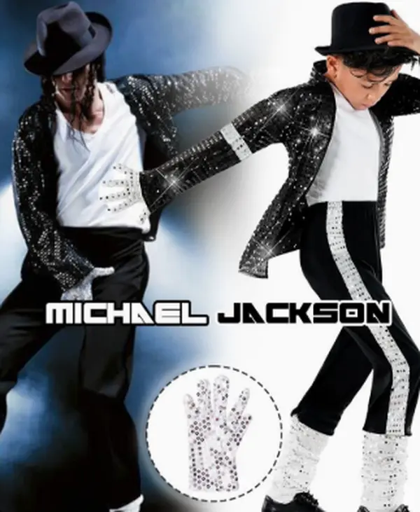 Kids Michael Jackson Cosplay Costume Set, Boys Sequin Dance Outfit with Hat, Gloves, Socks, Jacket and Pants, Halloween Party Performance Costume, Plus Size Available