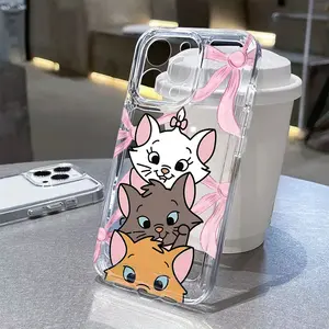 Cute Cartoon Mary Cat Phone Case for iPhone 16e 16 15 14 13 12 11 Pro Max X XR Xsmax 8 7 Plus, Transparent Tpu Soft Back Cover
