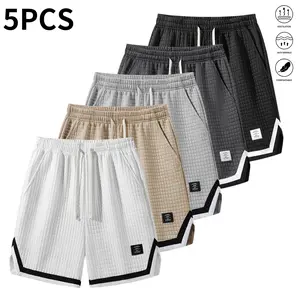 Men’s 5-pack waffle-knit drawstring shorts with pockets—comfortable athletic shorts with a drawstring waist, simple yet classic, suitable for summer workouts, outdoor activities, and beach vacations