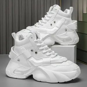 Men's Fashion High Top Sneakers-Solid Color Sports Casual Shoes, Lace-up Design-Comfortable PU Upper and Cloth Inner Lining-All Season PVC Shoe Sole, Height Increasing Design, round Toe, Suitable for Running and Daily Wear