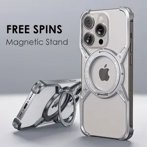 For iPhone 16 Promax borderless aluminum alloy armor phone Case For iPhone 15 Promax 13pro rotating bracket magnetic metal Case