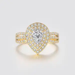 VOWSERING Luxury Wedding Ring for Women 1CT Pear AAAAA CZ Yellow Gold Plated Engagement Ring with Ring Box