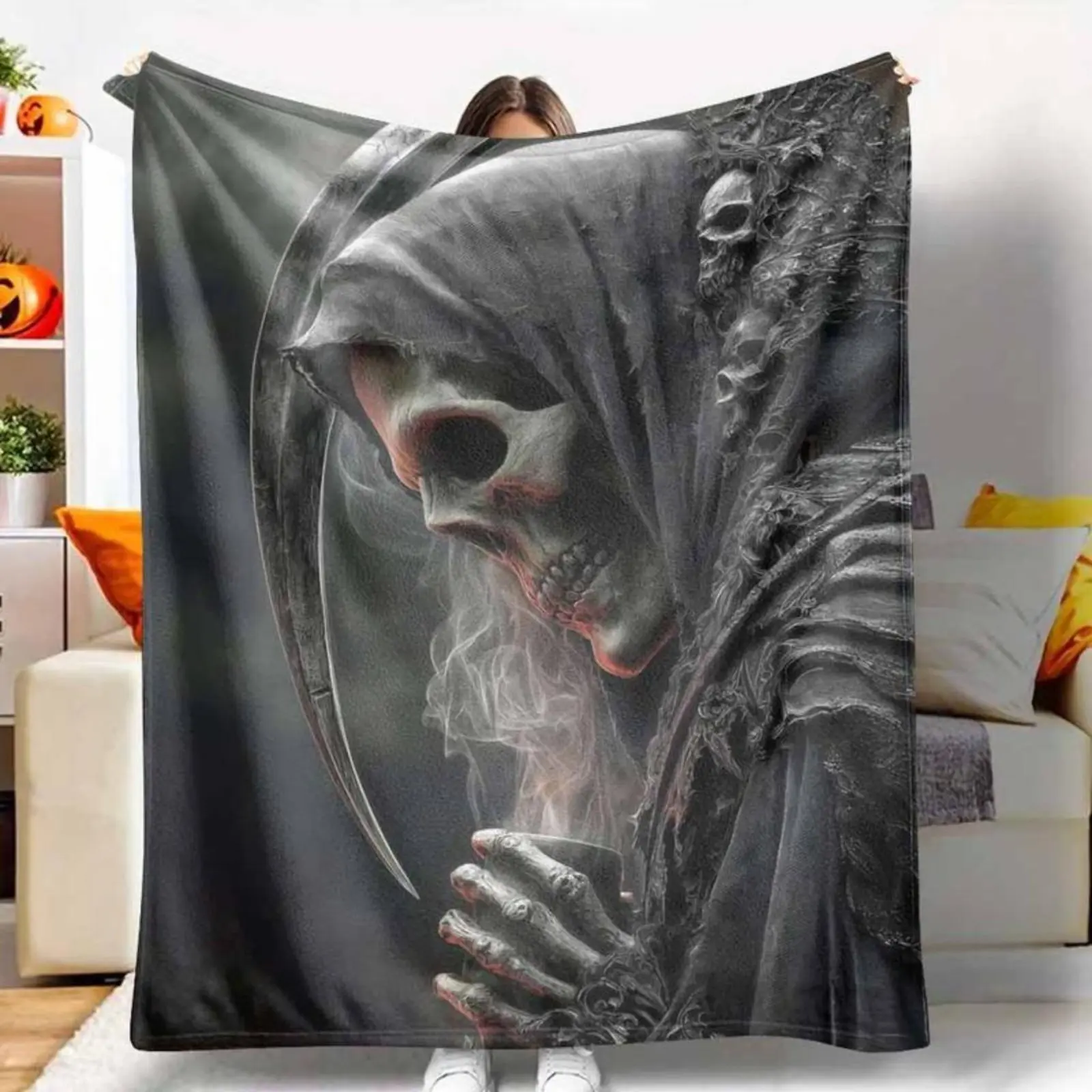 softGrim Reaper Flannel Blanket, Skull and Scythe Print, UltraSoft, Warm, Lightweight, AntiPilling, Perfect for Halloween Decor, Gothic Home Decor, Spooky Season Gift, Cozy Nights, Dorm Room, Living Room, Bedding, Movie Nights.