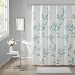 Rosalie Burnout Printed Shower Curtain Seafoam: Madison Park, Modern Leaf Pattern, Machine Washable, Rayon & Polyester