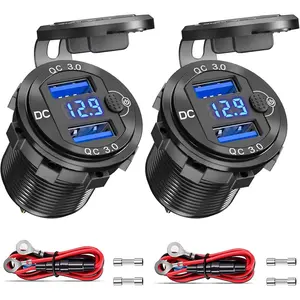 12V USB Outlet 2 Pack, Dual Quick Charge 3.0, Socket Waterproof Aluminum Charger with LED Voltmeter and Power Switch, Adapter for Marine Motorcycle Truck Golf Cart RV, Car etc.