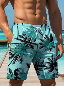 Men's Quick-Dry Drawstring Swim Shorts, Fashionable Summer Beach & Pool Swimming Trunks, Casual Fitted Print Swimsuits