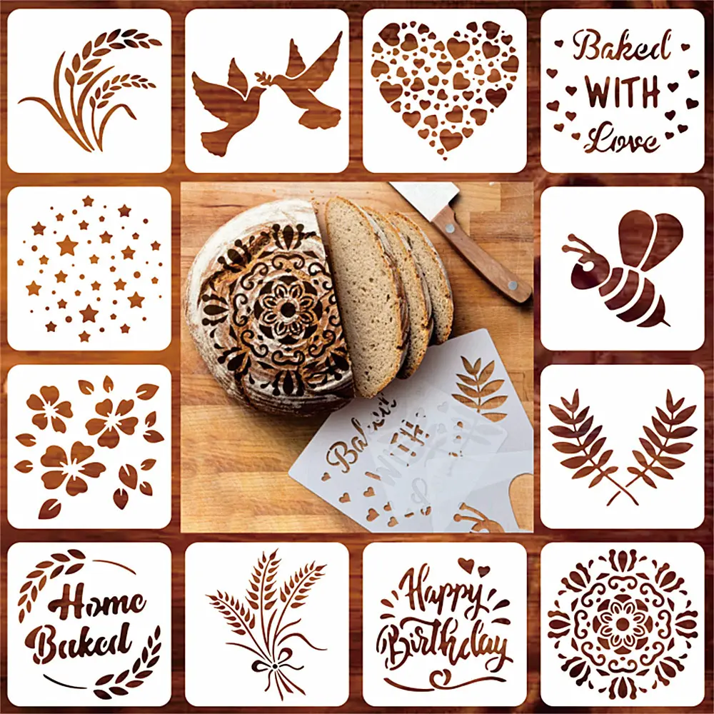 12pcs Artisan Bread Stencils | Bread, Cake, Coffe, Pie & Cookie Stencils for Decorating Your Own Unique Design Home Baking Supplies Baking Accessories Baking Stencil Set Pastry Decorative Kit