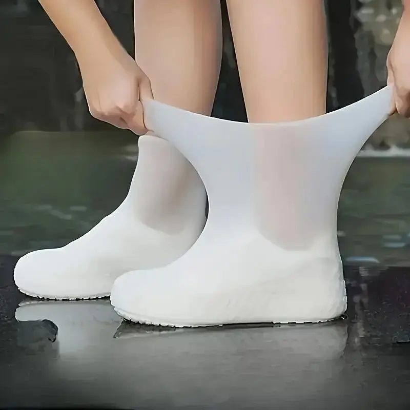 2 Pairs Lightweight Plain Milky White Latex Waterproof Rain Shoe Covers - Reusable Overshoes for Wet Weather, Daily Use, with Bag Compatibility