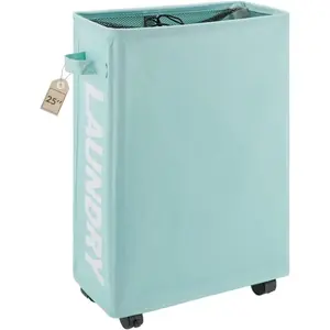 25" Rolling Slim Laundry Basket on Wheels, Foldable Laundry Hamper with Handle, Collapsible Laundry Sorter and Organizer, Tall Storage Basket Bin (Light Blue)