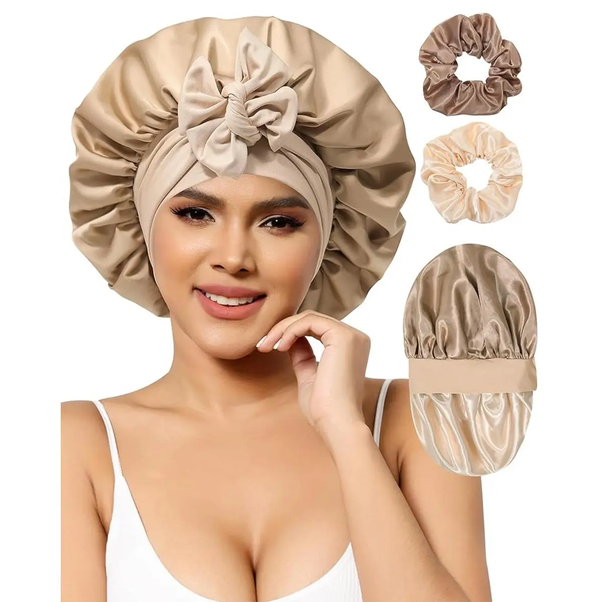 Brown-Champagne Bonnet +  2Pcs Scrunchies