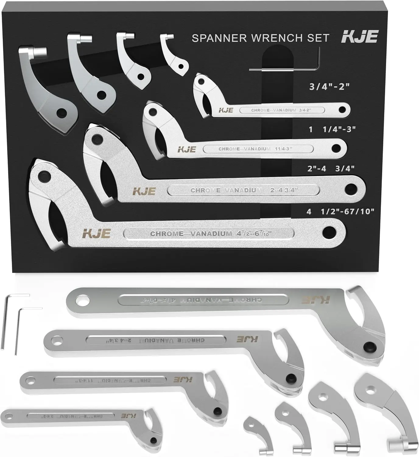 KJE 10PCS Adjustable Pin Spanner Nut Wrench Tool Set, C-Shape Pin Hook Wrench Tools with Replaceable Heads for Pipes Heating Cars, Coilover Wrenches for Suspension System, Bearing, 3/4" to 6-7/10"