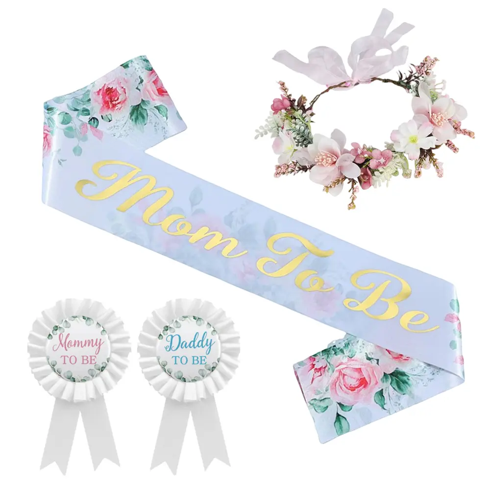 4 Pieces Pink Baby Shower Sash for Mommy and Daddy Mom to Be Sash Dad to Be Pin Flower Crown Headband Kit for Gender Reveals Baby Shower Decoration Party Favors for Pregnancy Props Gift