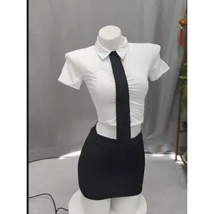Coast Blend Threads Seductive Secretary Uniform Suit - White Top & Black Pleated Skirt, High Elastic Polyester-Spandex Blend, Fitted Silhouette & A-Line Shape, No Tie, Perfect for Adults Seeking a Chic & Bold Look, Office Dress Clothes Wome