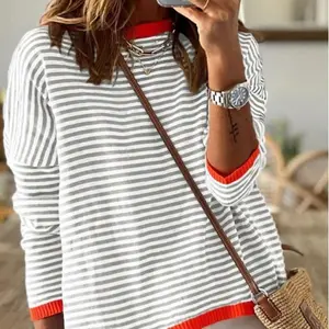 Sweater with Gray White and Orange Stripe Crewneck Womenswear