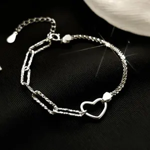 Sterling Silver Double Love Heart Hollow Round Beads Bracelet
