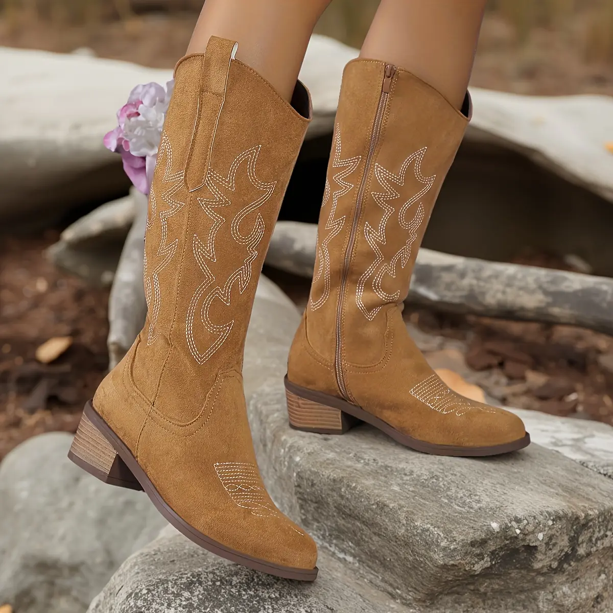 Western Cowboy Boots for Women - Knee High Wide Calf Cowgirl Boots with Classic Embroidered Suede Denim Khaki Walking Shoes for Fall Winter