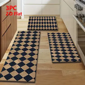 2pcs/3pcs Flannel Kitchen Mat Set, Classic Checkered Design, Vintage Industrial Style, Non-Slip, Absorbent, Home Decor