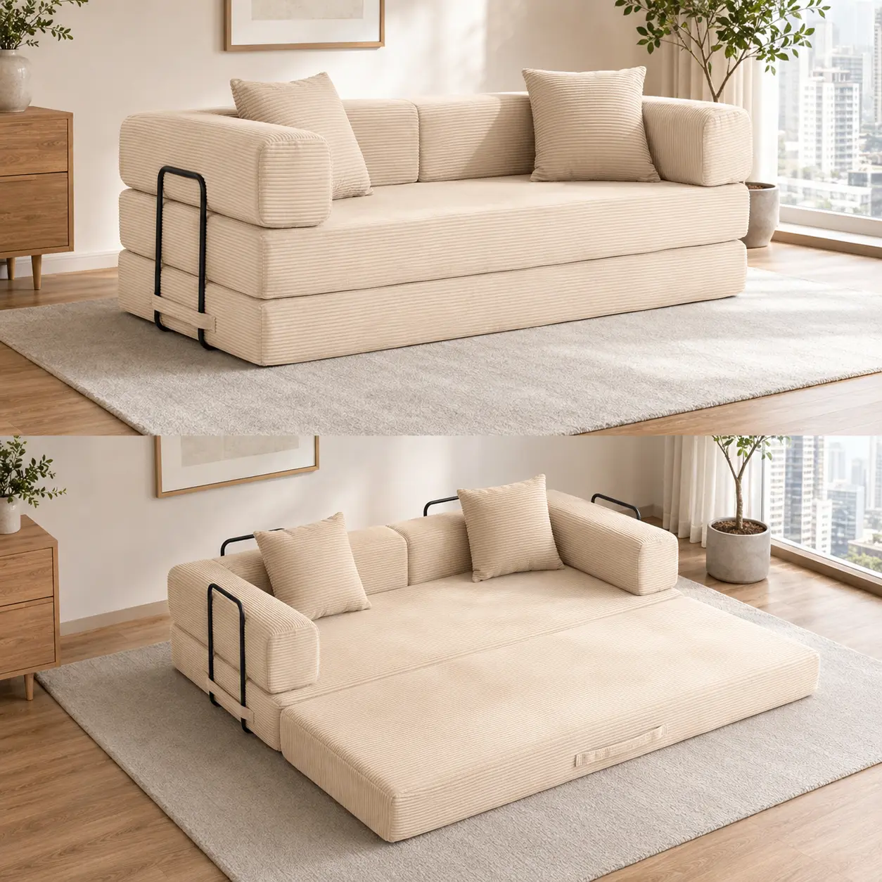 Tactow 77\"Oversized Boneless Couch, 5-in-1 Convertible Sleeper Sofa Bed, Deep Seat Corduroy Modular Floor Sofa, Foldable Pull-Out Couch for Living Room, Apartment,No Assembly