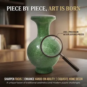3D Puzzle Vase with LED Light and Cup, 200 Curved DIY Real Flower Puzzles, Creative Home Decor and Gift for Women, 11 Inches Tall