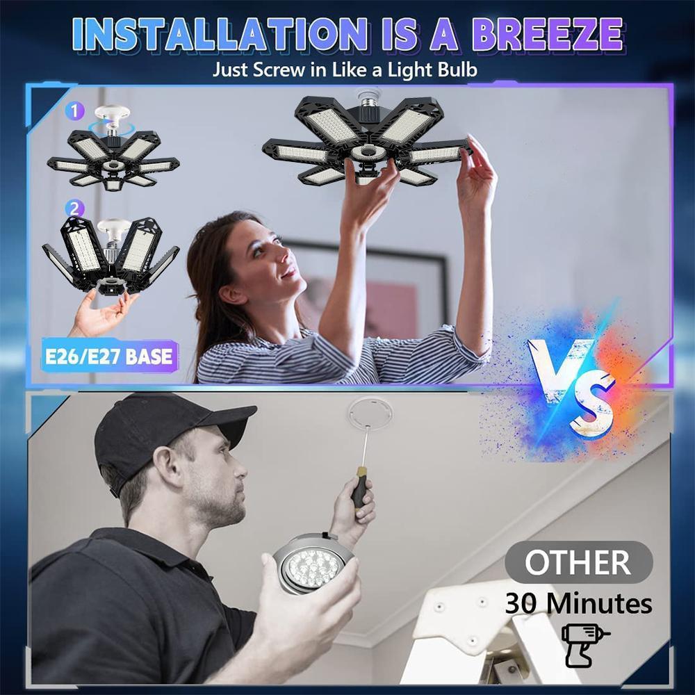 LED Garage Light Deformable Ceiling Light with Adjustable Panels, Ultra-Bright Garage Lighting Fixture for Warehouse, Shop & Industrial Use