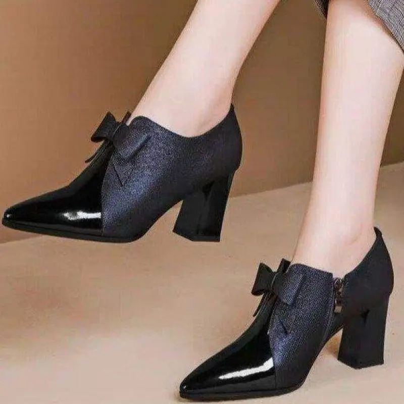 Women's Stylish Black Pointed Toe Pumps, Elegant Korean Style Chunky Heels with Bow Accent for Office & Parties, Classy, Fashion, Heeled, Women's Fashion, Block Heel, Evening, Chic