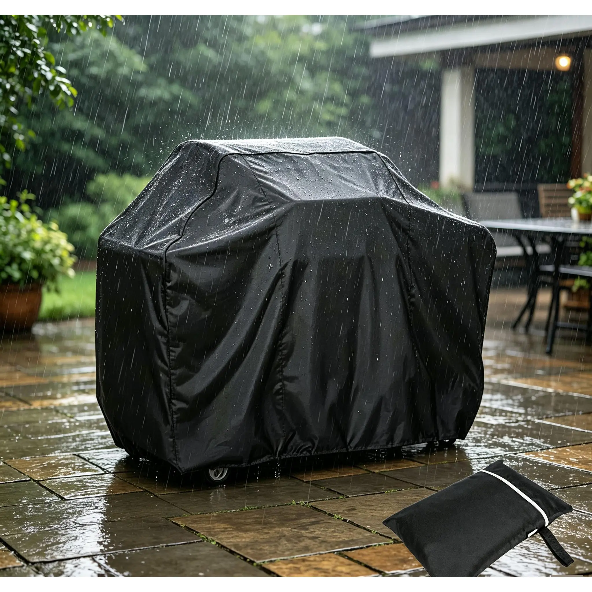 57 Inch Universal BBQ Gas Grill Cover, Heavy‑Duty Waterproof UV‑Resistant All‑Weather Protector, Windproof Click‑Close Straps, Adjustable Hem & Front Zipper Pocket, Fits Most Outdoor Gas Grills for Backyard Deck Use