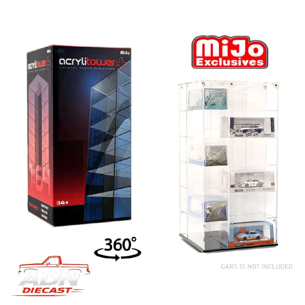 Showcase 1:64 Acrylitower+ Large 24- Car Display Desk Top Spinner with Magnetic Cover - Assorted Sizes - MiJo Exclusives - Diecast