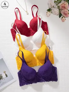 4piece Sexy Lace Patch Everyday Bra with Underwire and Hook-and-Eye Closure, Comfortable, Soft, Skin-Friendly, Lightweight, and Breathable, Non-Removable Padding, Adjustable Straps, Beautiful Back, High-Quality Sexy Women's Bra, Soft Fabric Bra