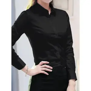 Women's Classic Black Polyester Button-Up Shirt -  Sleeve, Collared, Semi-Sheer, Machine Washable for Spring/Summer Office or Casual Wear, Office Casual Wear |   Tailored Fit |   Easy Care Fabric, Elegant  Sleeve Button Blouses long(Sheet)
