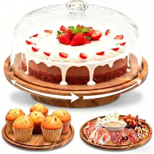 Cake Stand with Lid, 10.8'' Shatterproof Acrylic Dome (Not Glass), 11.8'' Rotating Acacia Wood Cake Display Stand for Wedding Birthday Party Dessert