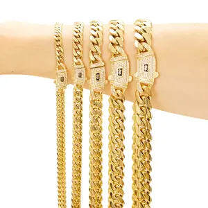 14K Vacuum-gold Plated Miami Cuban Link Chain Hip Hop Necklace or Bracelet with 5A+ Canada Zircon CZ Jewelry Fashion Accessory Valentines Gifts for GF Men Women unisex Monaco italy Mexico & Micro Promise chains For Husband Boyfriend Birthday Gift