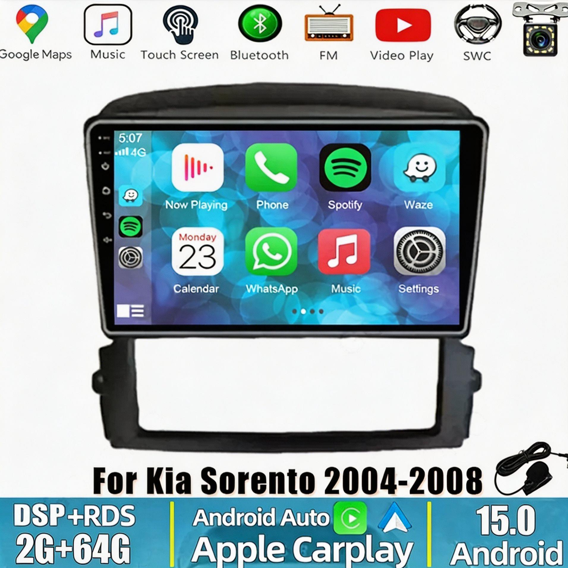 Car Radio Stereo Compatible for K-ia Sorento 2004-2008 FM/RDS Android 15 WiFi Bluetooth 2 DIN GPS Navi Head Unit SWC 9 Inch DAB+ Car Player with Carplay and Android Auto 2GB+64GB Car Radio Stereo Compatible for K-ia Sorento 2004-2008 FM/RDS Android 15 WiFi Bluetooth 2 DIN GPS Navi Head Unit SWC 9 Inch DAB+ Car Player with Carplay and Android Auto 2GB+64GB