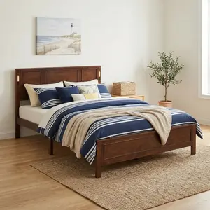 VECELO Queen King Size Bed with Tall-Panel Headboard & Footboard, Built-in LED Lights, USB Charging Station, Pinewood Bed with Strengthened Bed Frame ,Walnut