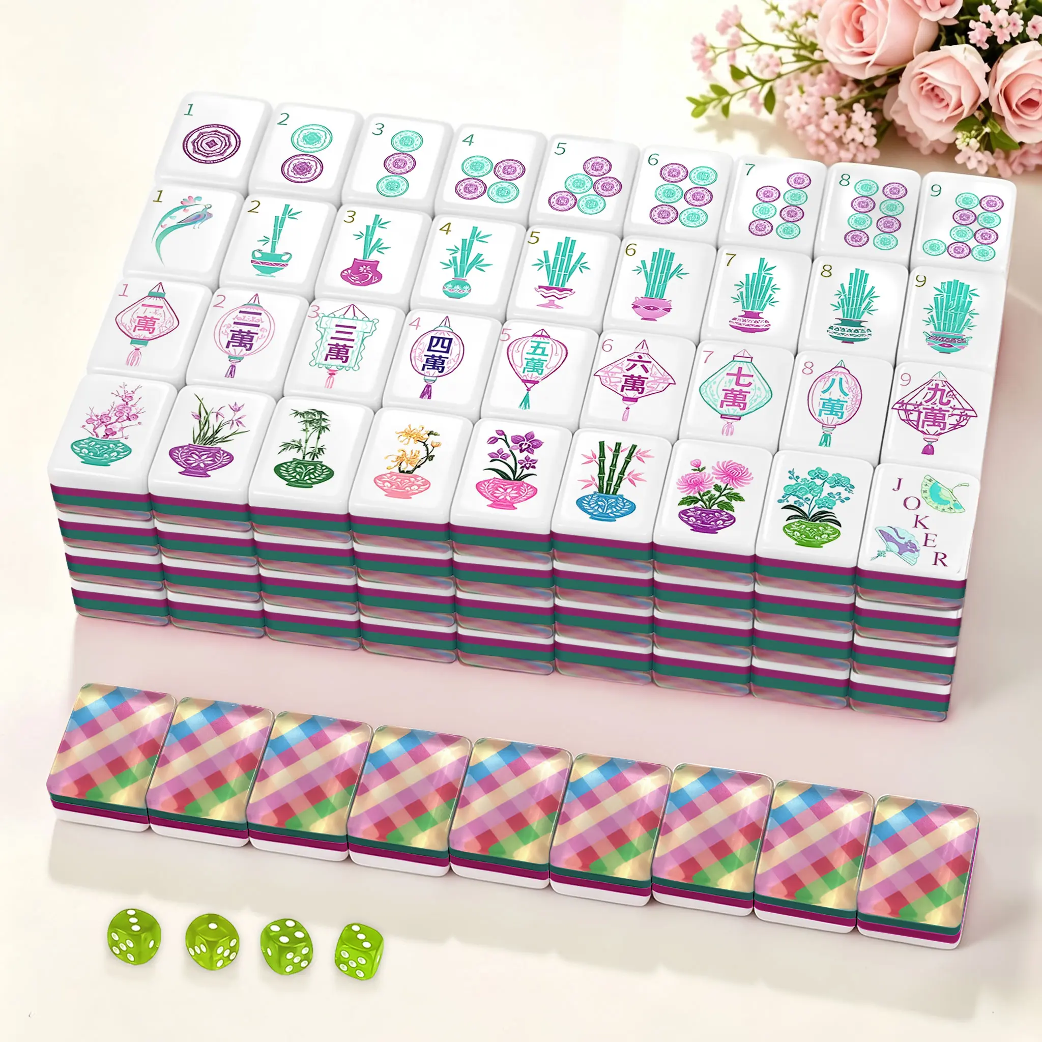 American Mahjong Set 160 Tiles Complete Kit, Plaid Inspired Acrylic Tiles with Watercolor Floral Artwork, Dice, Scoring Chips, Wind Indicator & Carry Bag, Gift for Adults