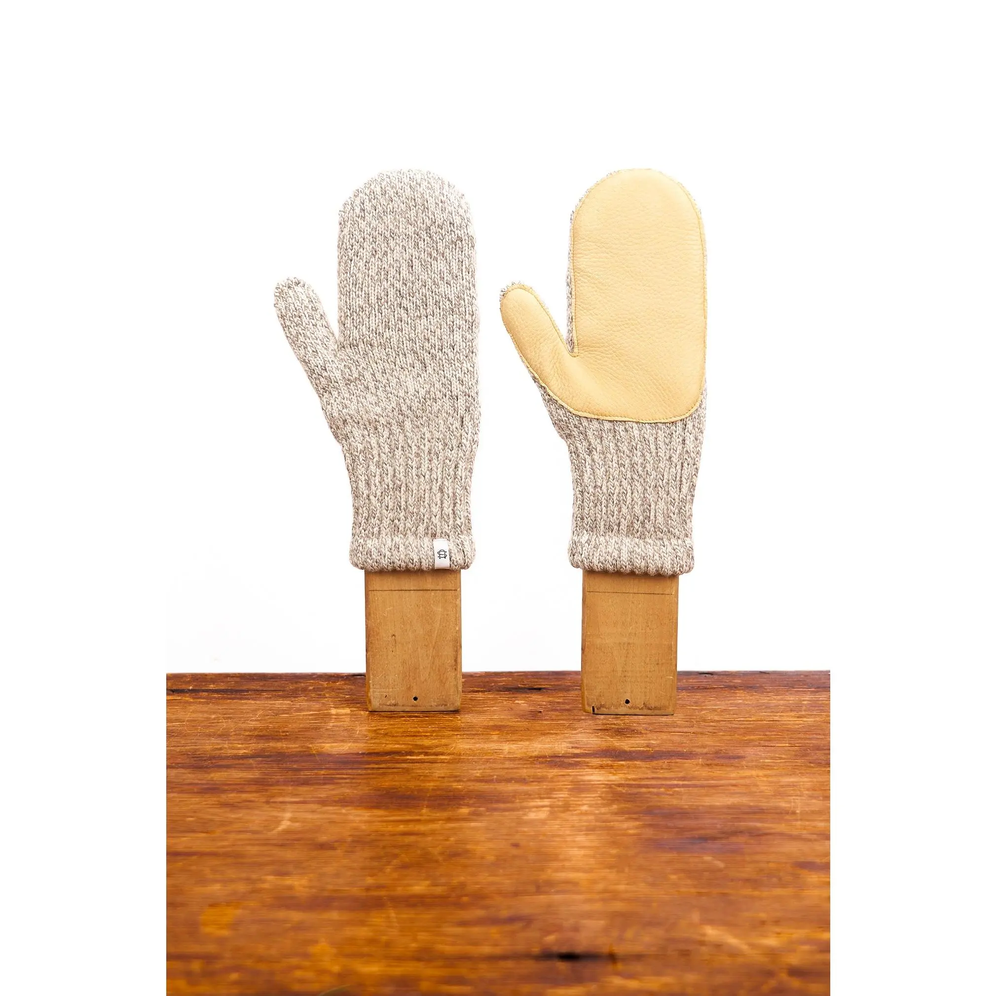 Oatmeal Melange Ragg Wool Mitten with Natural Deerskin