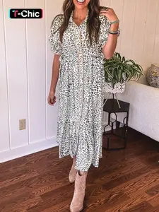 Summer Casual Leopard Print Color Block Front Button Short Sleeve Bubble Hem Long Dress, Casual Dresses, Women's Fashion Clothing