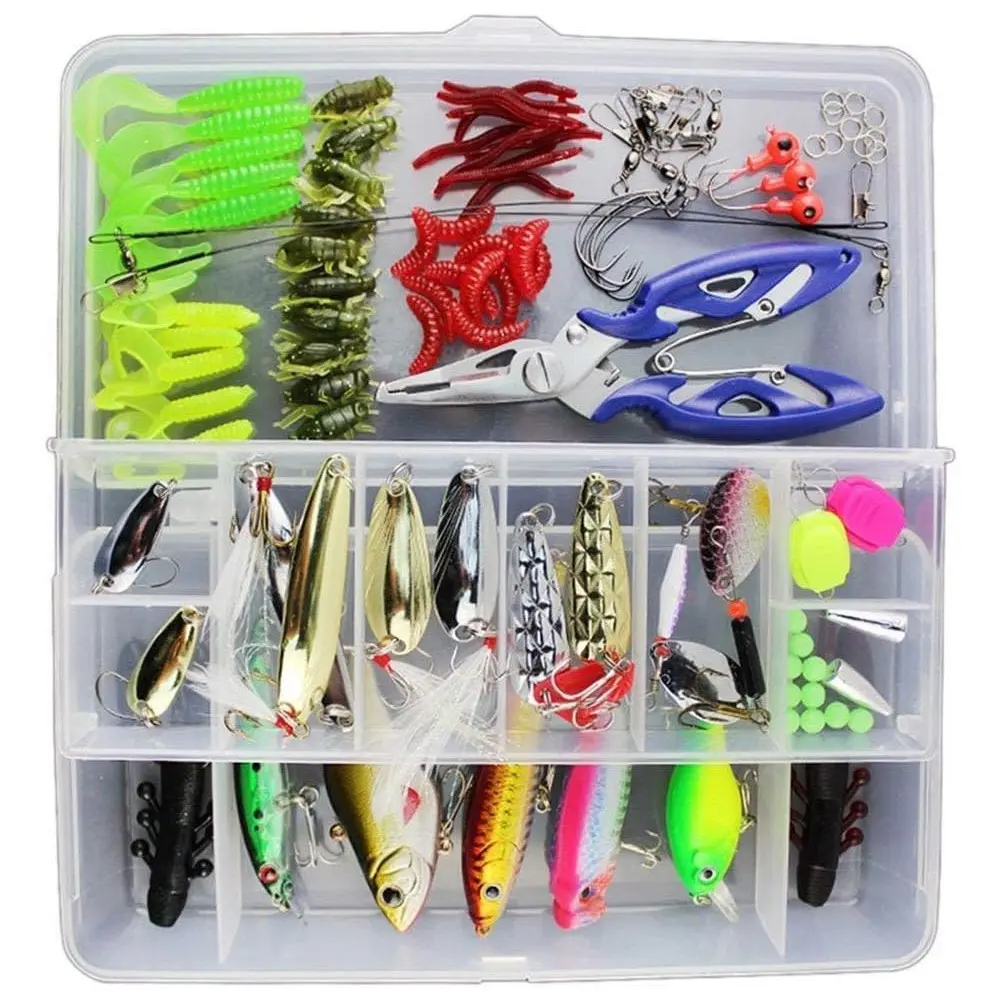 115pcs Fishing Gear & Lure Set with Hooks, Spinner, Vib, Swivels, Pliers, Complete Freshwater & Saltwater Fishing Tackle Kit, Fishing Supplies & Equipment