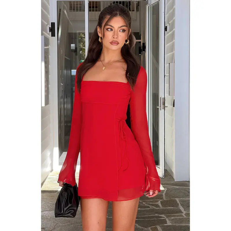 open lace back dress Koki Long Sleeve Off Shoulder Mini Dress | Red | Womens