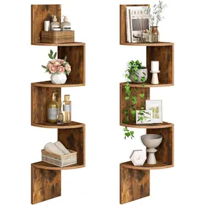 Wall-mounted corner shelf, 2-piece set of wall-mounted floating corner shelves, 4-tier corner bookshelf, suitable for living room, bedroom, bathroom, home office, vintage brown