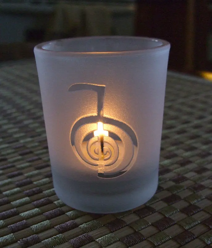 Reiki engraved Glass votive tea light Candle holder - Frosted or Clear 6 styles Reiki symbol, Cho Ku Rei, Sei He Ki, HSSSN, Dai Ku Myo or Om