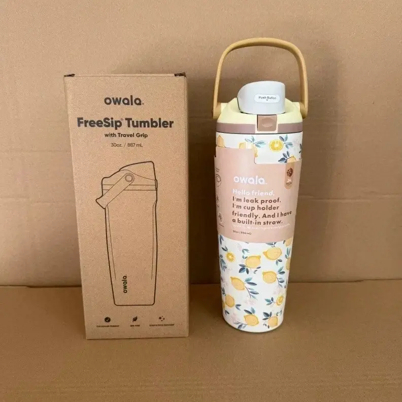 Owala 30oz FreeSip Sway Tumbler Lemon Printed with Travel Grip Water Bottle Gift