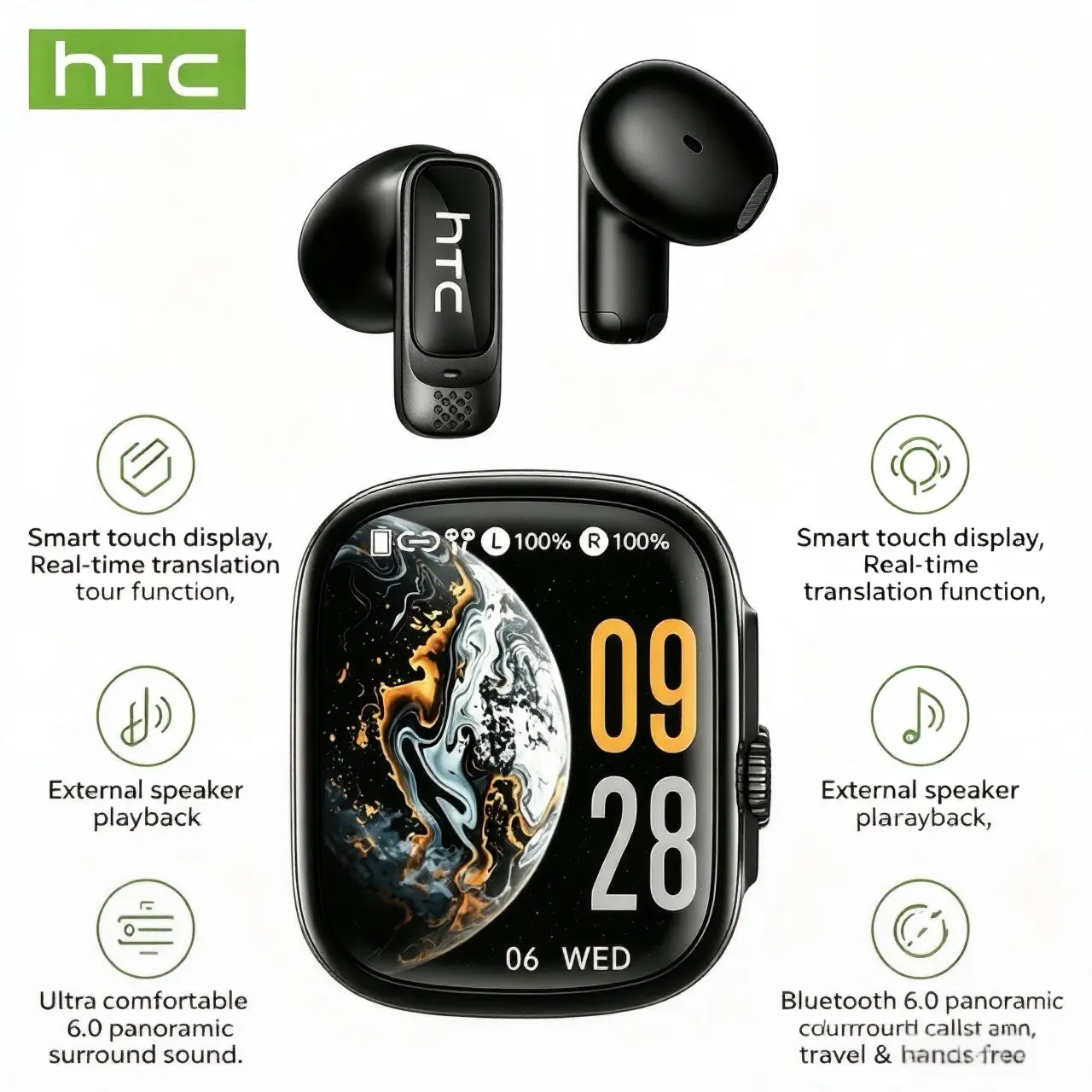 HTC NE72 touch-screen wireless in-ear earphones with smart display, translation function for seamless communication, external speaker playback; Bluetooth 6.0 earphones with panoramic surround sound; cloud-like comfortable earbuds suitable for music, calls