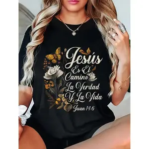 Pure Cotton Christian TShirt Featuring Religious Jesus and God Symbols in Spanish Top Womenswear Summer Streetwear Round Neck Crewneck Casual Womenswear Summer Streetwear Round Neck Casual Crewneck