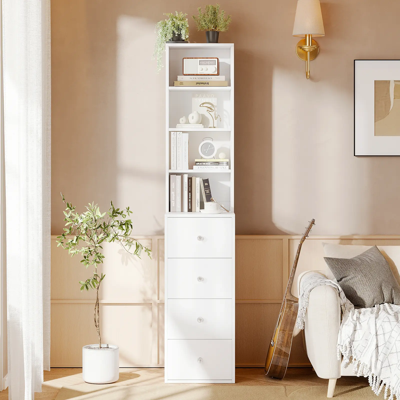 VOWNER 4 Tier Narrow Dresser Sideboard Stand Shelf with 4 Drawers Modern Decor Beside Table Nightstand for Vanity Bedroom