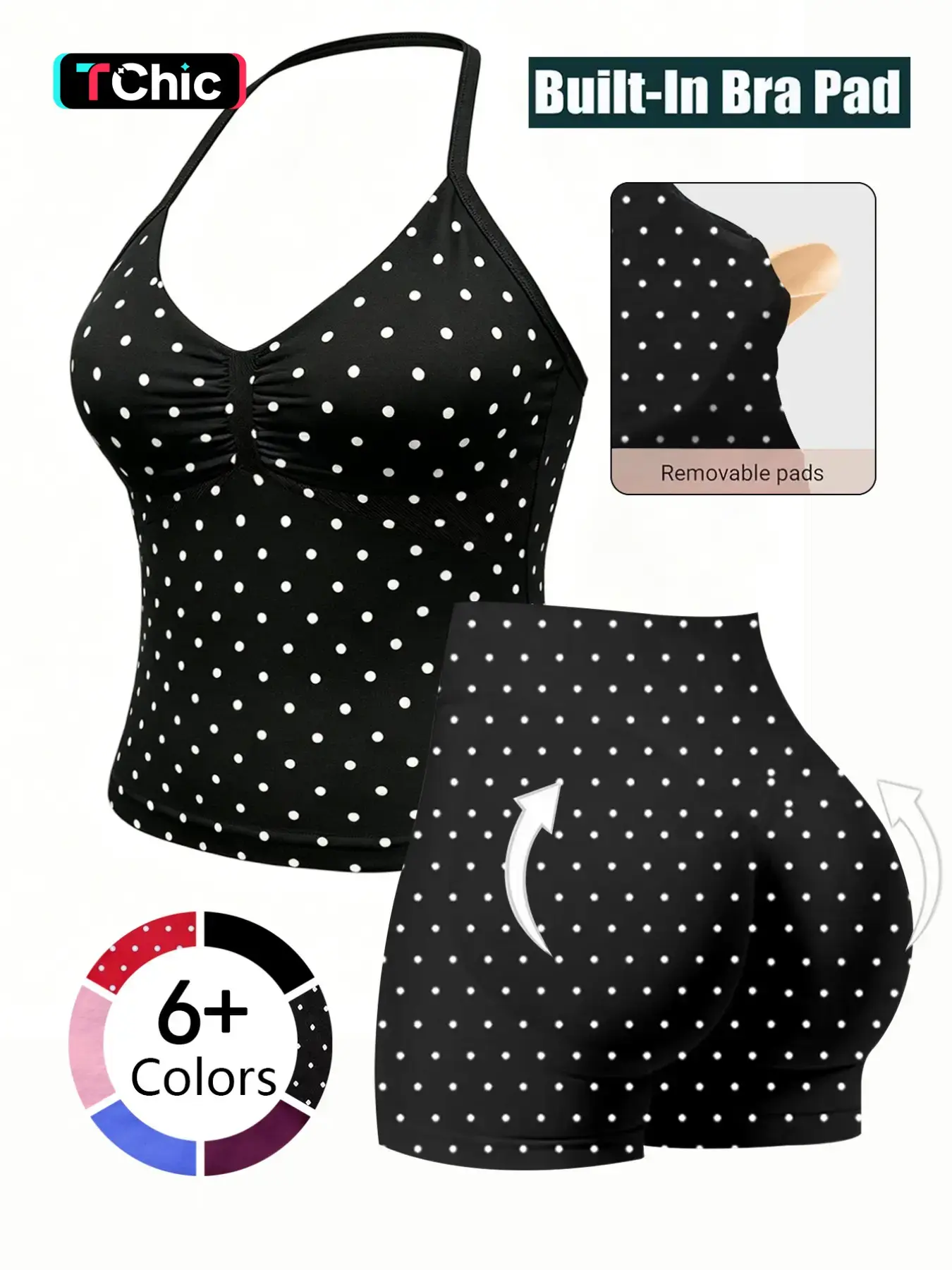 Fashionable Sports Set for Fitness Enthusiasts, Polka Dot Print Halter Top and Shorts, Summer Activewear for Gym Yoga Running