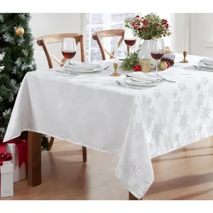 Metallic Snowflake Christmas No-Iron Soil Resistant Fabric Holiday Tablecloths - 60 X 120 Oblong, White/