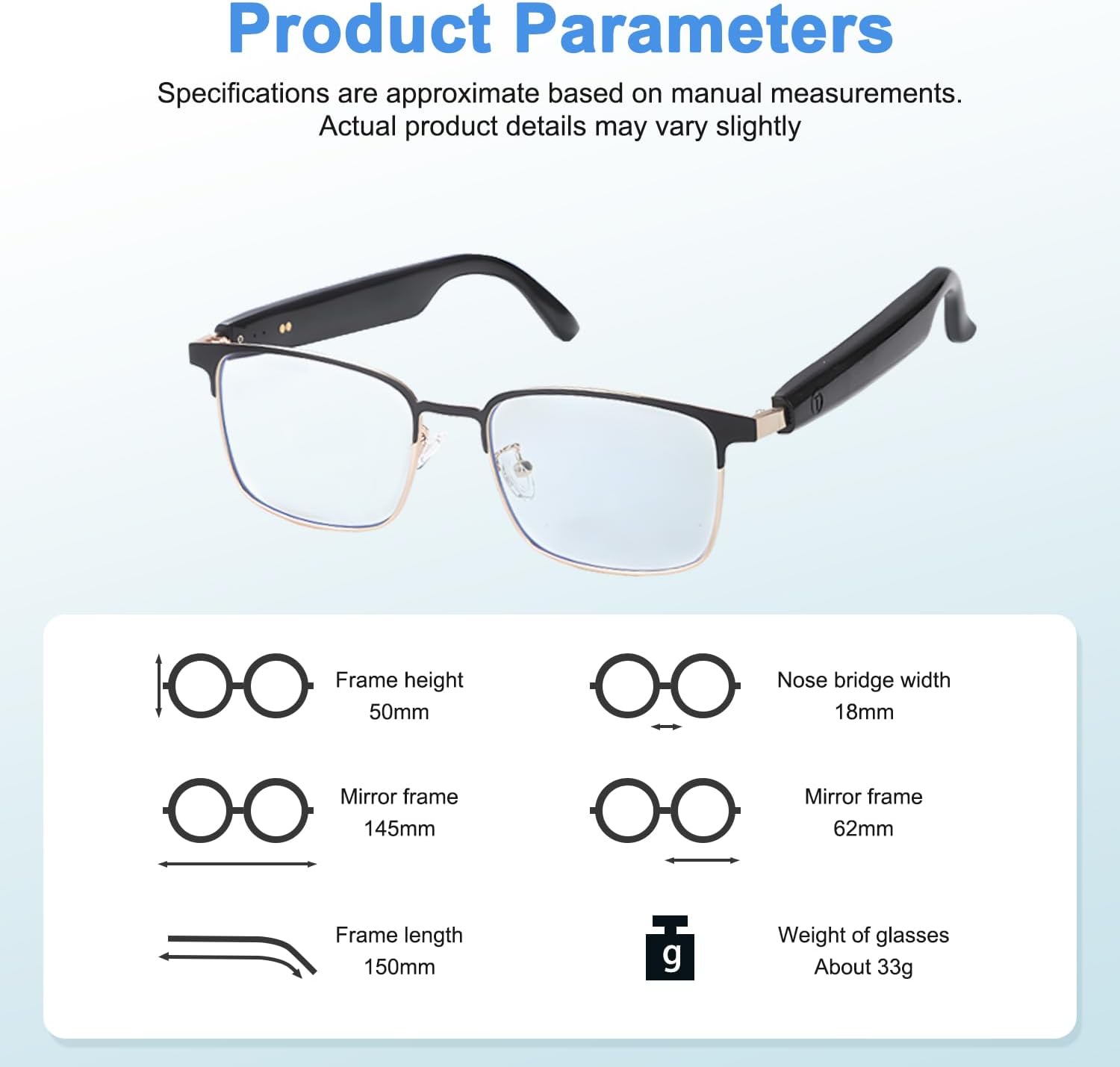 Bluetooth reading glasses feature blue light blocking lenses, a metal frame, surround sound, and a wireless microphone, allowing you to listen to music and make phone calls.Anti-Eyestrain/Glare Bluetooth reading glasses feature blue light blocking lenses, a metal frame, surround sound, and a wireless microphone, allowing you to listen to music and make phone calls.Anti-Eyestrain/Glare