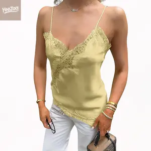 YeeZaa Satin Lace Cami Top Y2k Asymmetrical Hem Cami for Women Deep V Neck Spaghetti Strap Sexy Tank for Going Out  Vacation & Summer Party 2026